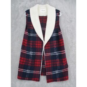 Tribal Jeans Vest Womens Medium Plaid Sherpa Lined Preppy Boho Wool Western Red
